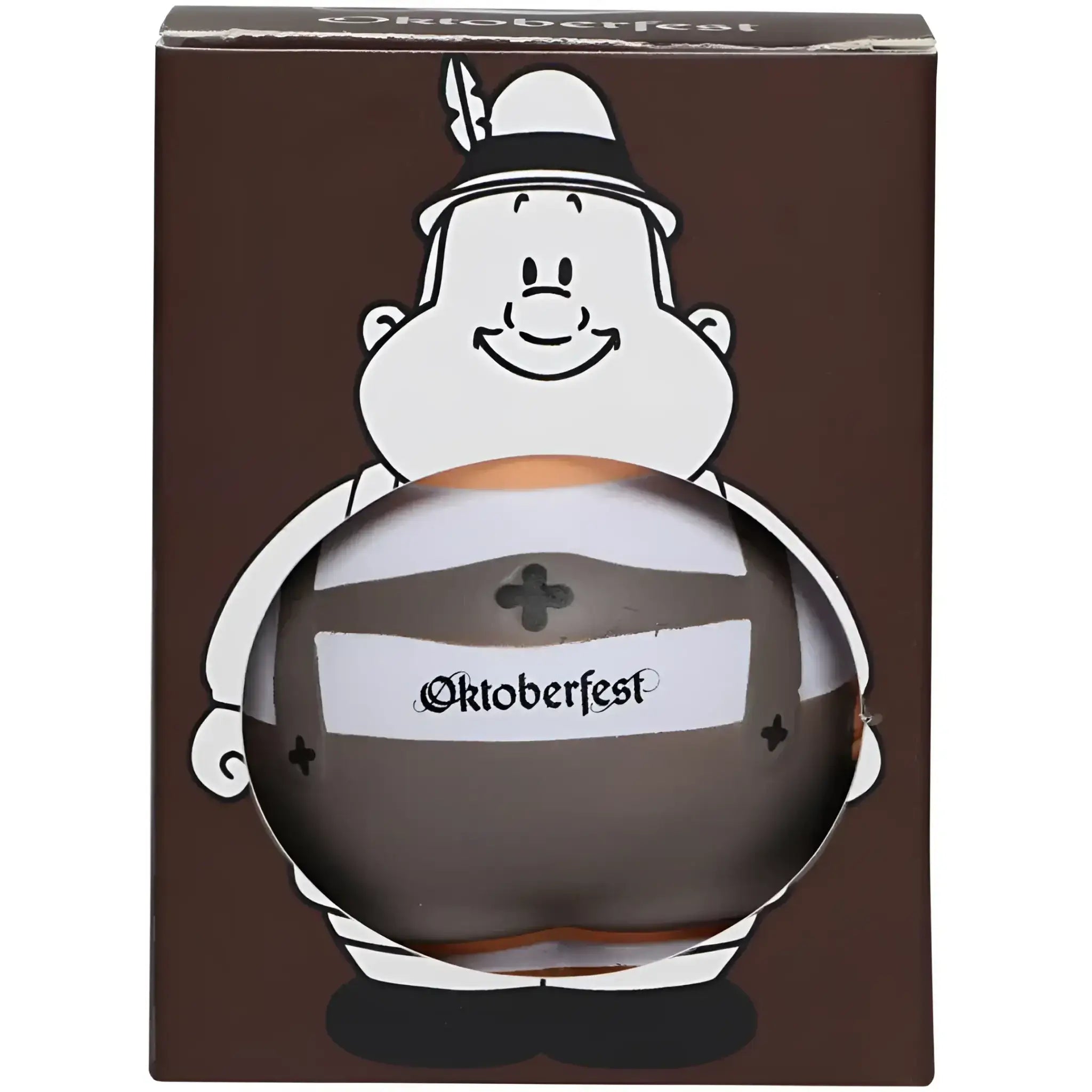Glänzender dunkelbrauner oktoberfest-bierkrug mit weißem etikett und schwarzem kreuz in bert & berta geschenkset verpackung