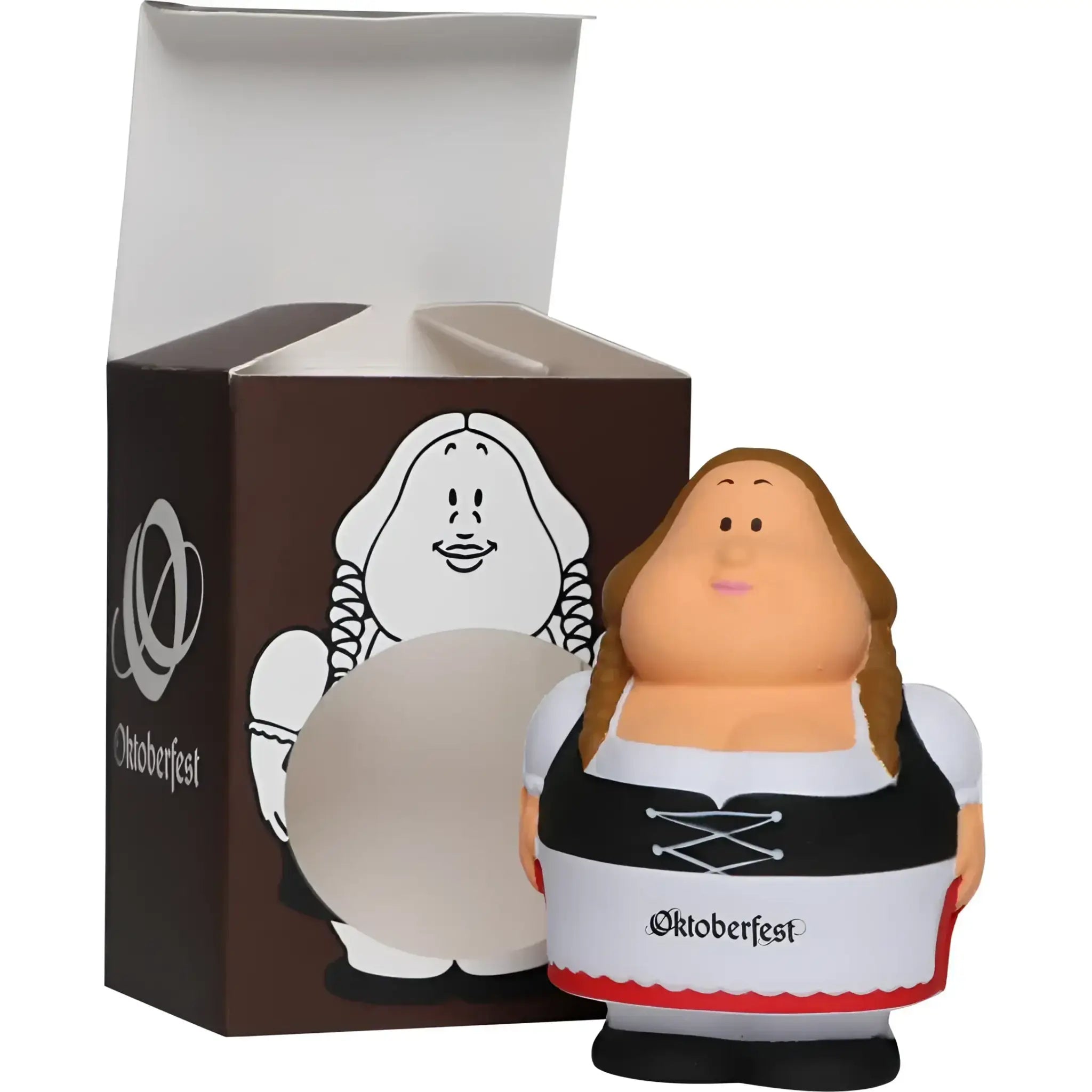 Oktoberfest geschenkset mit quetschfigur frau in schwarzem und weißem kleid mit roten akzenten und braunen haaren