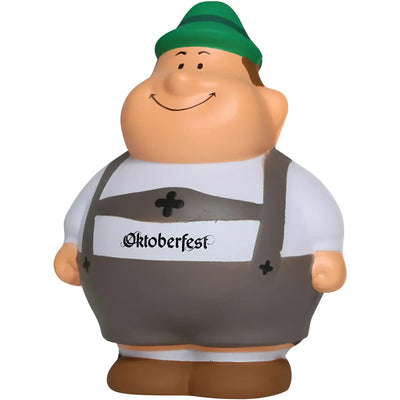 Ein fröhlicher, pummeliger oktoberfest stressball mit grünem hut und grauen overalls im oktoberfest geschenkset bert & berta