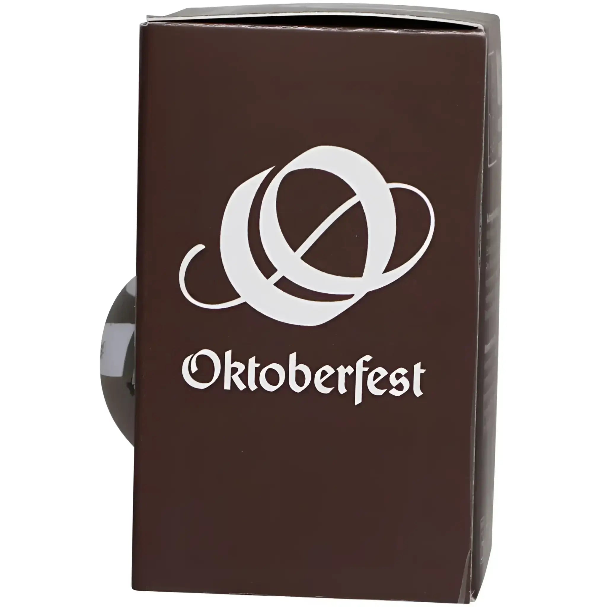 Braune kartonverpackung mit weißem oktoberfest logo und stilisiertem emblem für oktoberfest geschenkset bert und berta