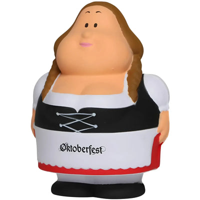 A plush oktoberfest stress reliever shaped like a bavarian woman with brown braids and a black and white corset dress