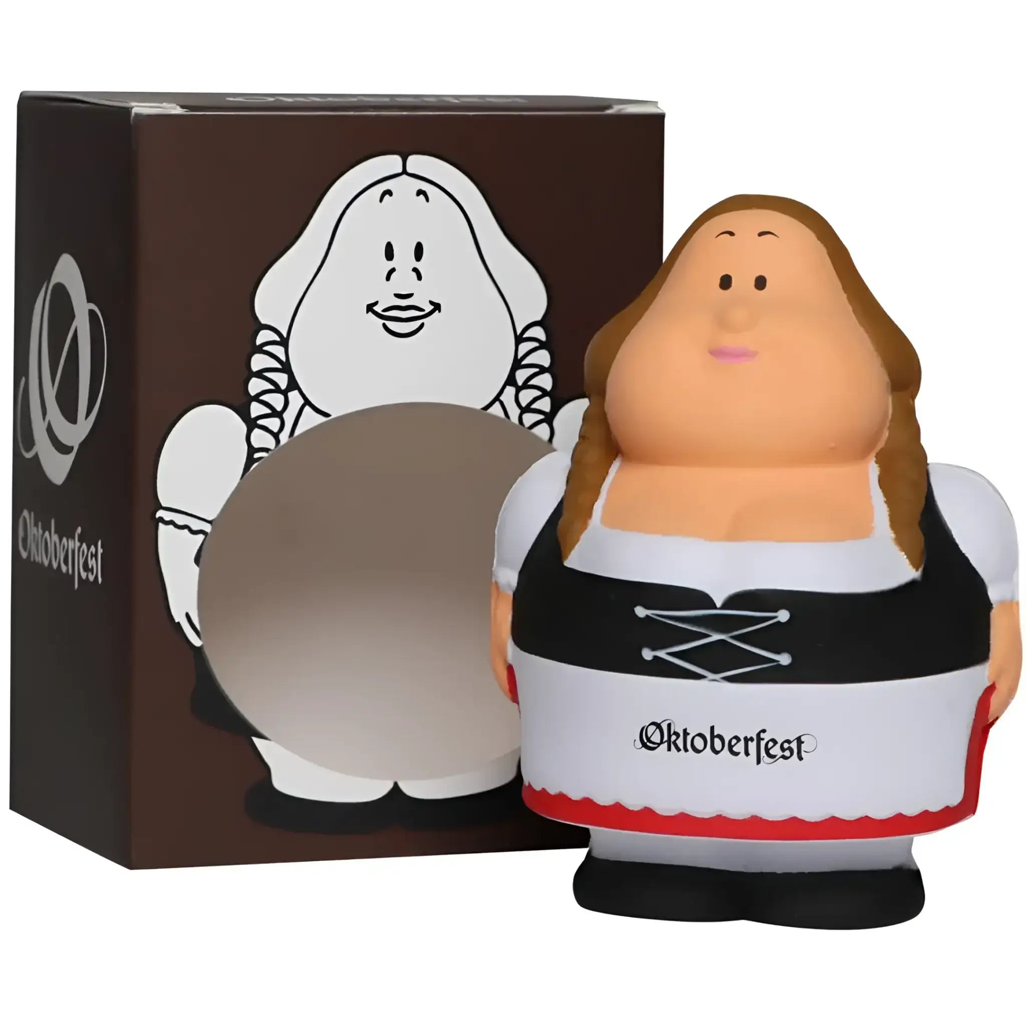 A plush oktoberfest figurine bert dressed in a black and white dirndl with red trim from the oktoberfest geschenkset