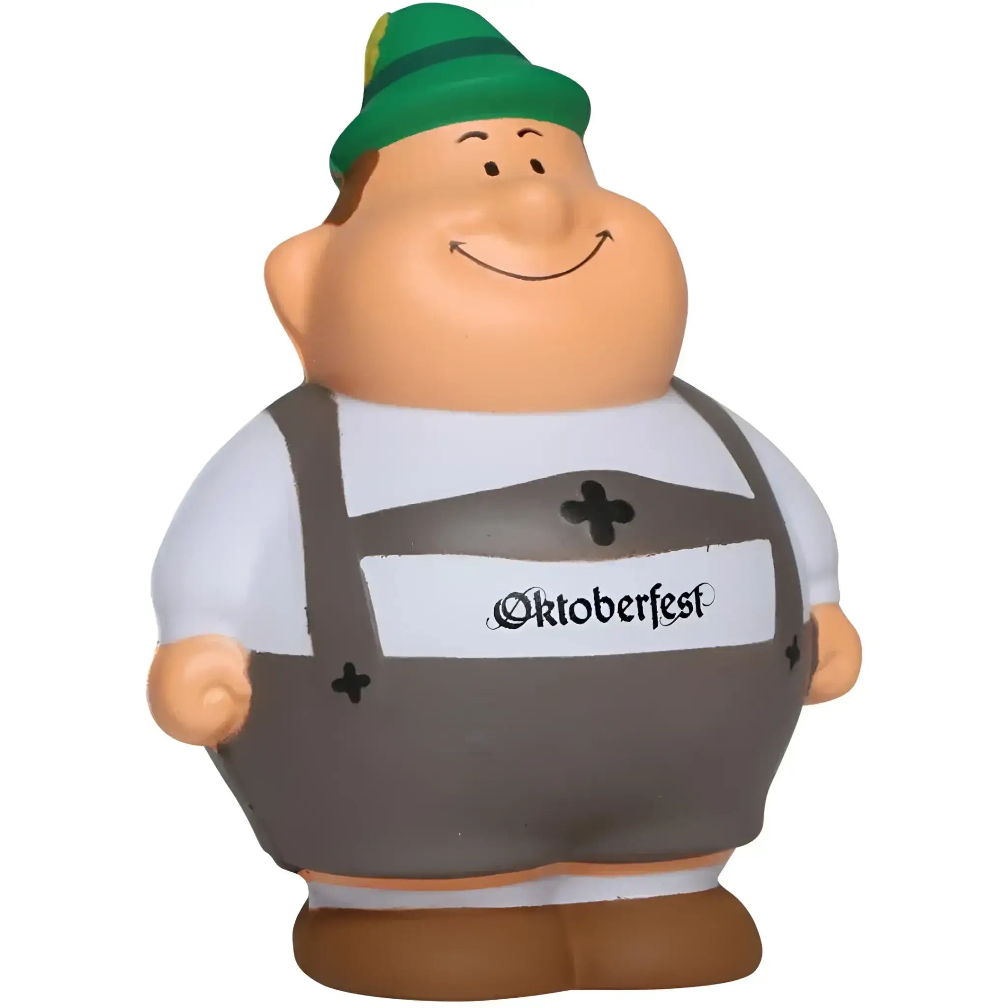 Ein fröhlicher chubby oktoberfest stressball mit grünem hut und grauen overalls mit oktoberfest aufdruck