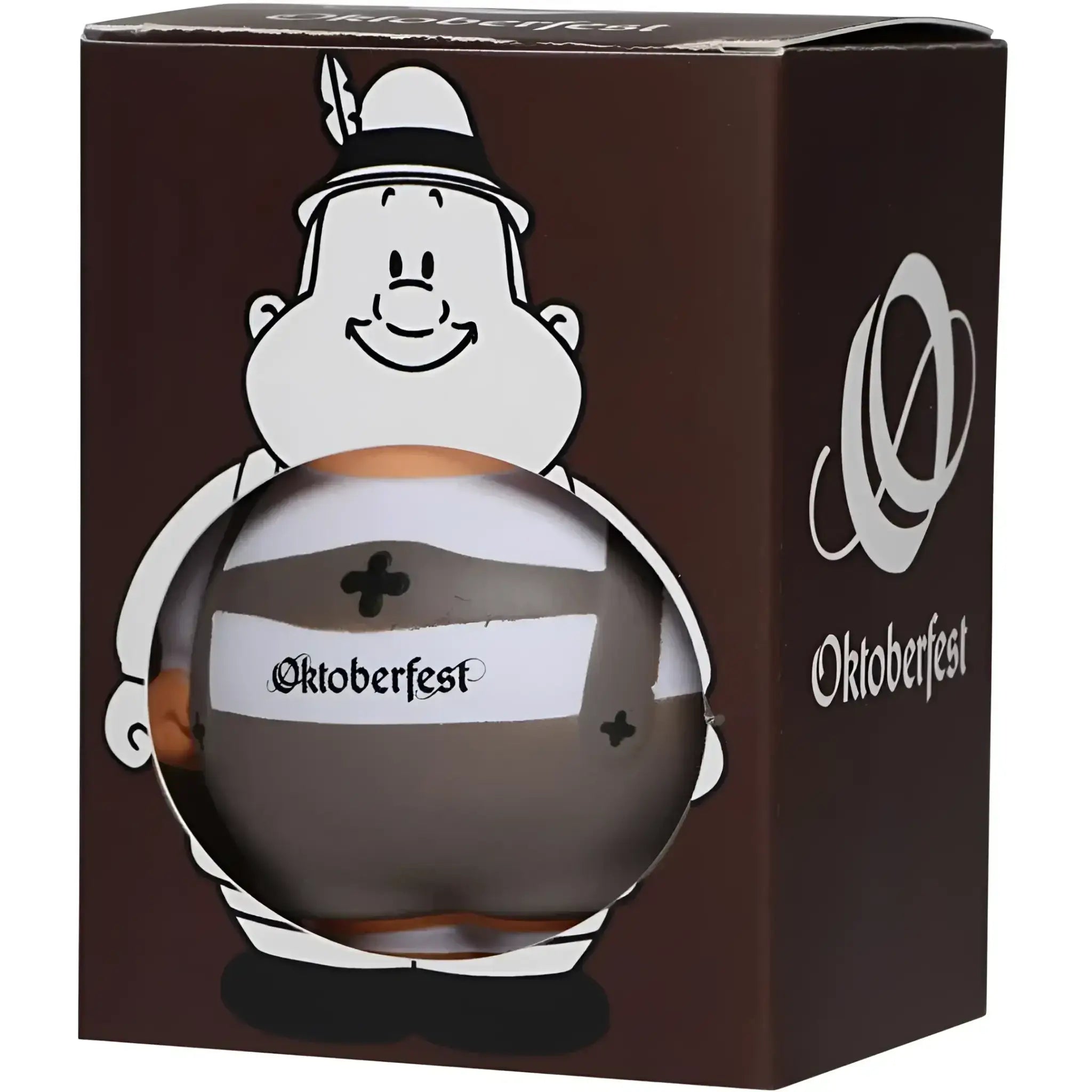Ein glänzendes dunkelbraunes glas oktoberfest bierflasche mit weißem etikett oktoberfest gehalten von cartoonfigur mit bayerischem hut im oktoberfest geschenkset bert und berta plus 2 lebkuchenherzen
