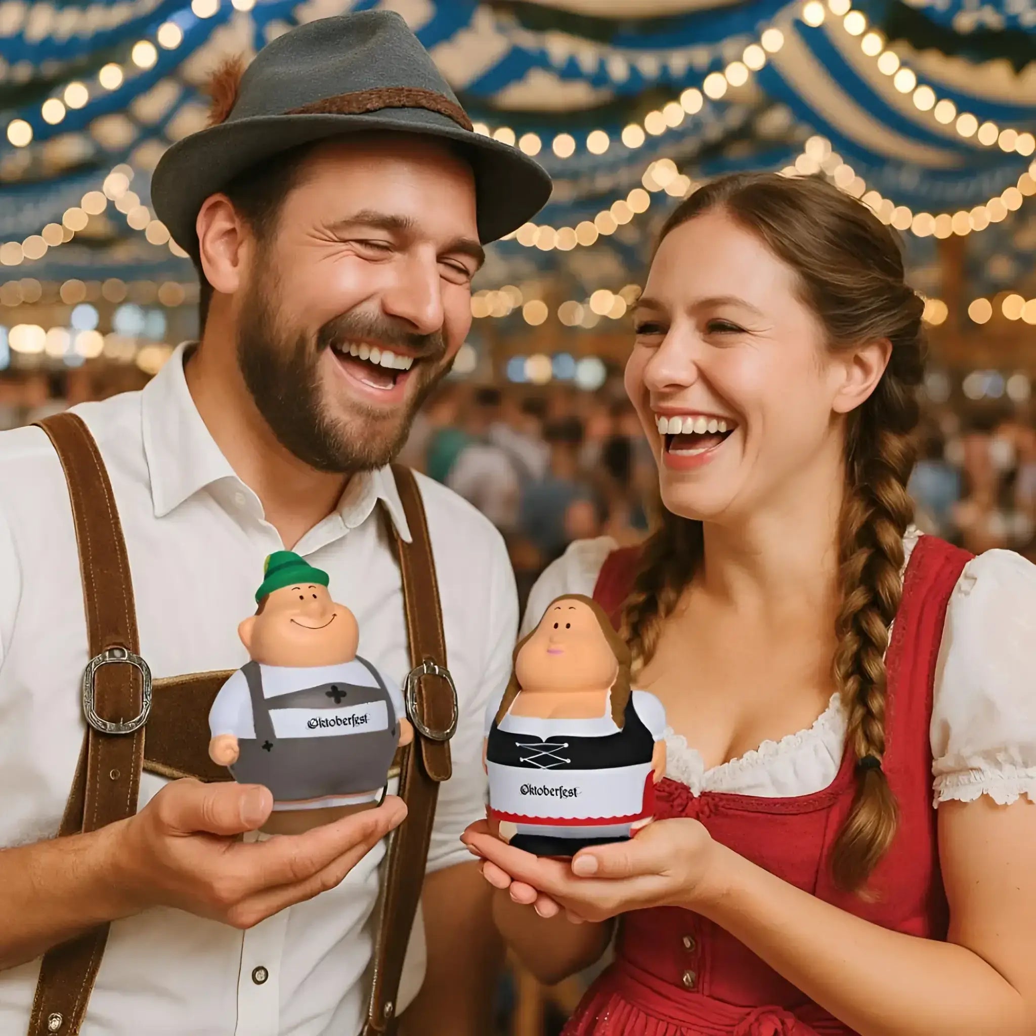 Der mann hält eine oktoberfest-geschenkfigur mit grünem hut und grauer weste mit dem schriftzug oktoberfest