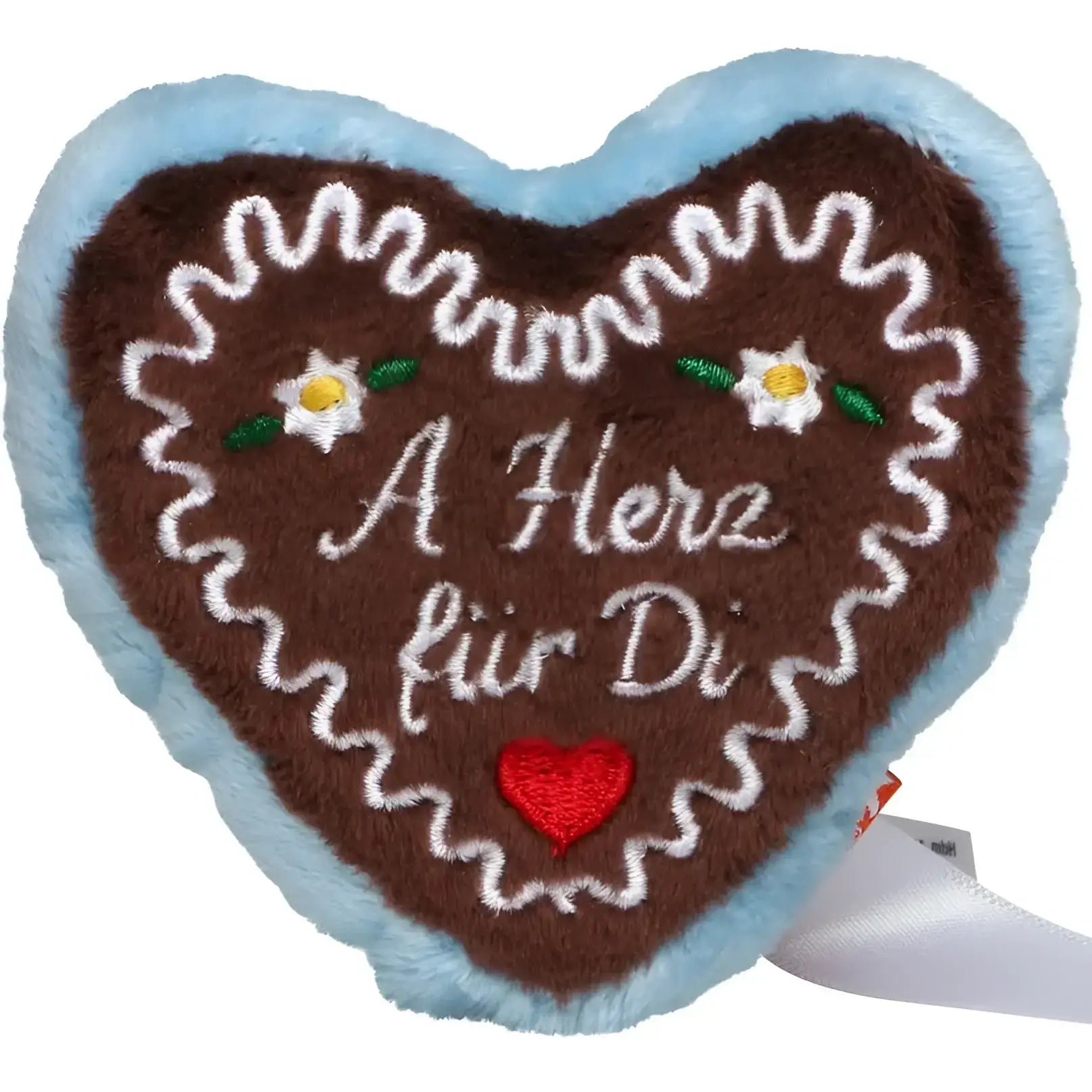 A plush herz pillow like a german lebkuchen heart with brown fur and embroidered flowers from oktoberfest geschenkset