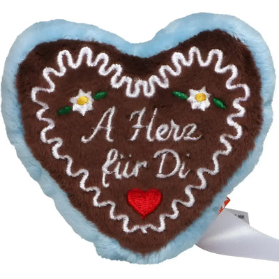 A plush herz pillow like a german lebkuchen heart with brown fur and embroidered flowers from oktoberfest geschenkset