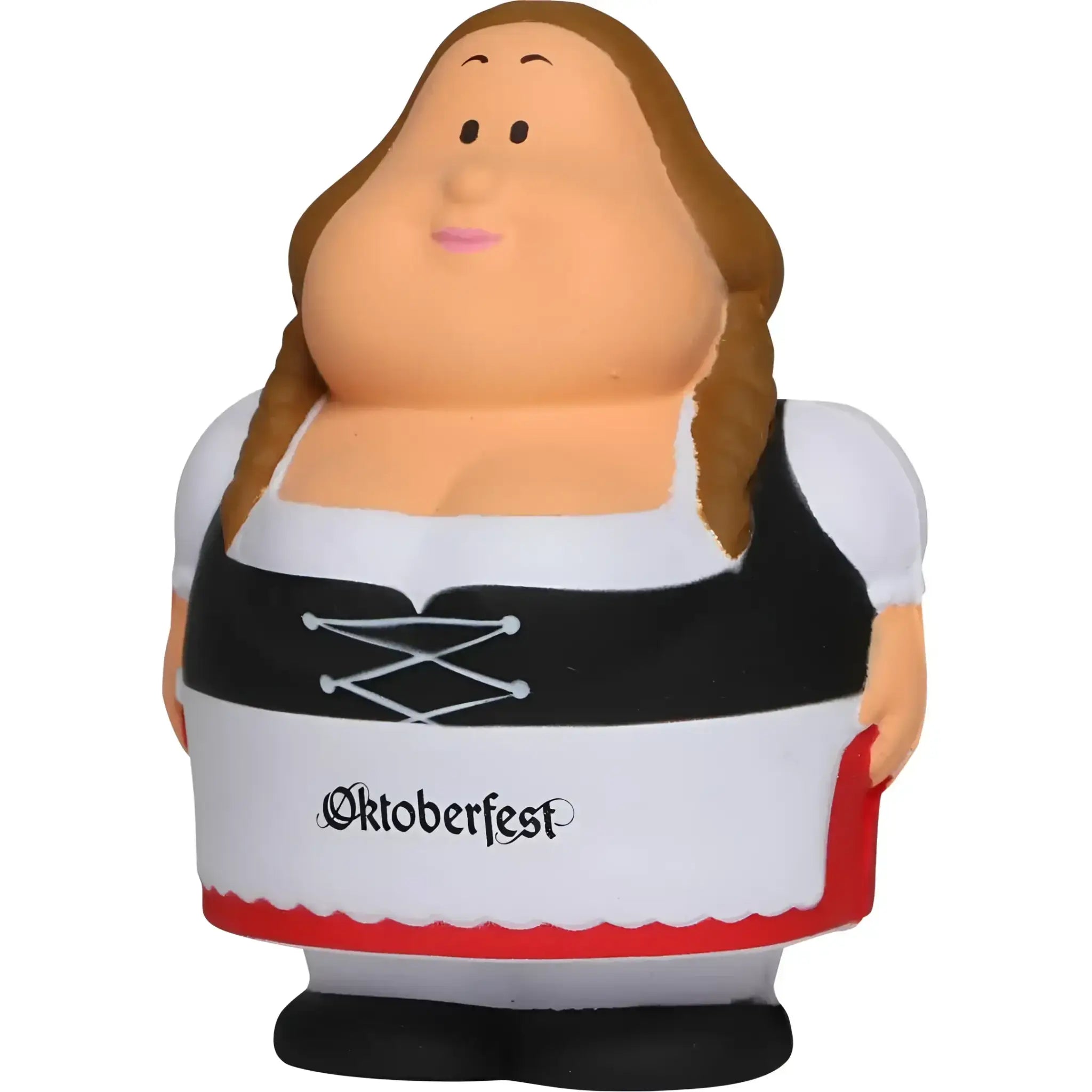 A oktoberfest geschenkset mit einer kuscheligen quetschfigur frau in schwarz weißem bayerischem dirndl und roten akzenten