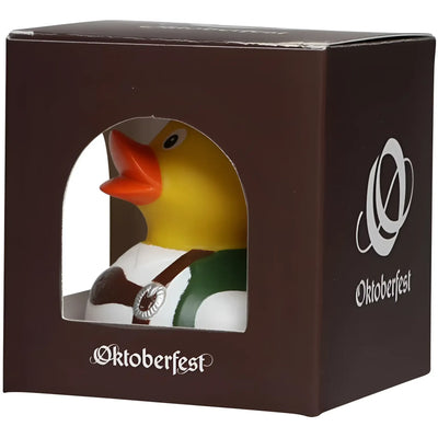 Gelbe rubberente in traditioneller oktoberfest lederhose mit grün weißen details und braunem gürtel mit silber emblem