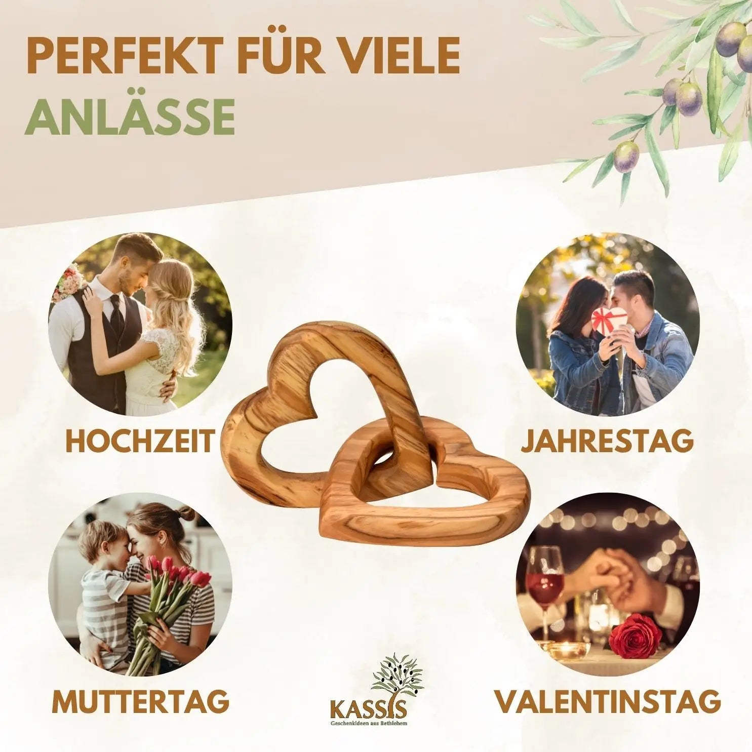 Olivenholz personalisierte verbundene Herzen 10 cm Geschenk zur Hochzeit Valentinstag Jubiläum - Herz