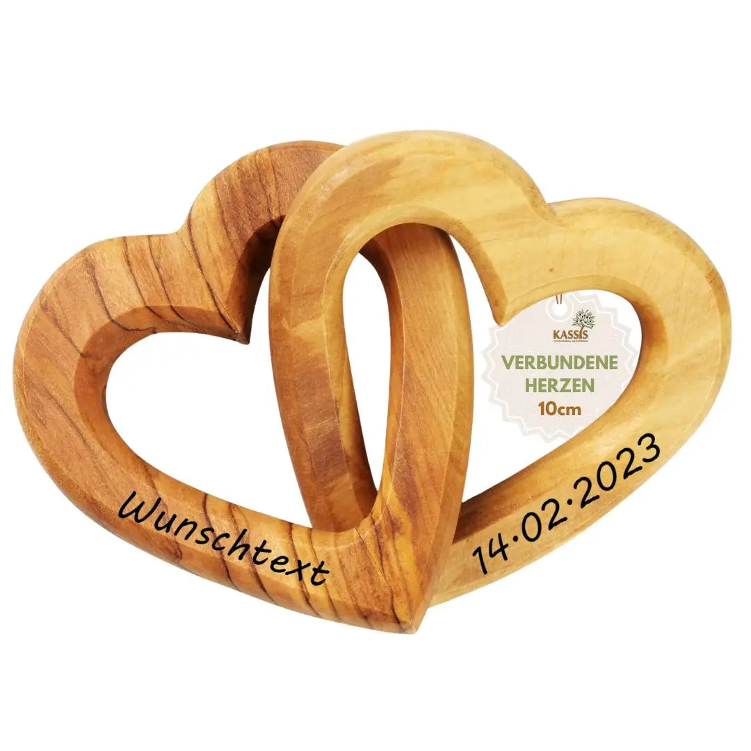 Olivenholz personalisierte verbundene Herzen 10 cm Geschenk zur Hochzeit Valentinstag Jubiläum - Herz