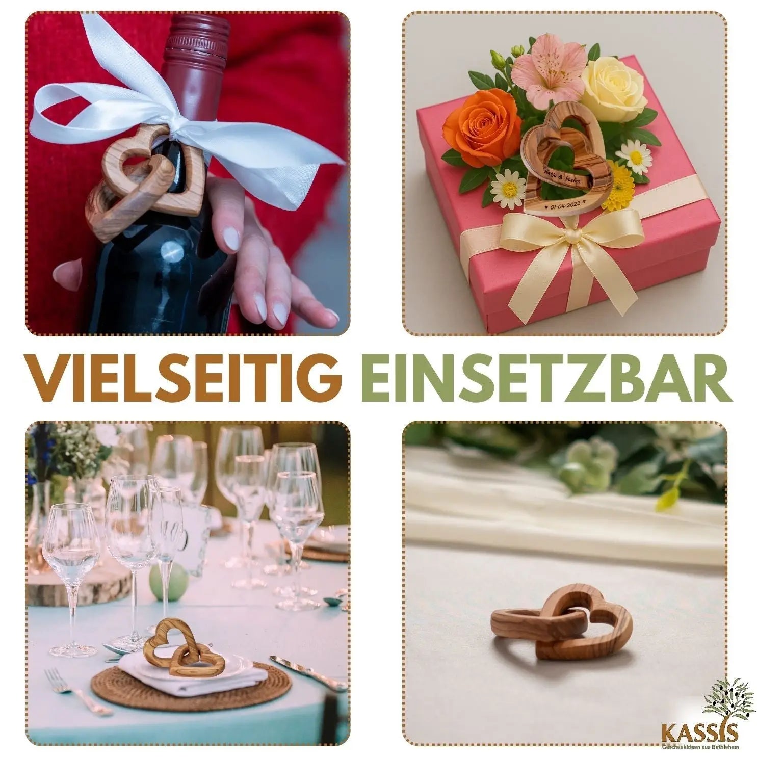 Olivenholz personalisierte verbundene Herzen 10 cm Geschenk zur Hochzeit Valentinstag Jubiläum - Herz