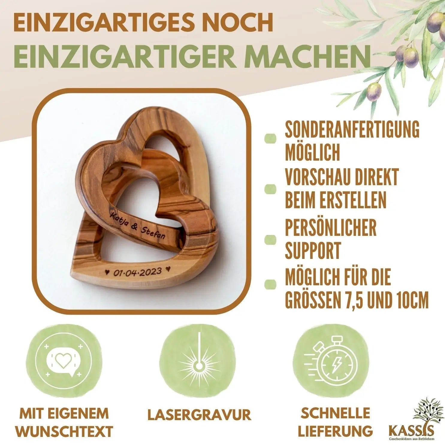 Olivenholz personalisierte verbundene Herzen 7,50 cm Geschenk zur Hochzeit Valentinstag Jubiläum - Herz