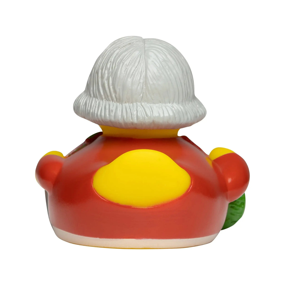 Roter gummi badeente mit weißer gestrickter mütze und gelben handschuhen im bundle oma opa geschenkset