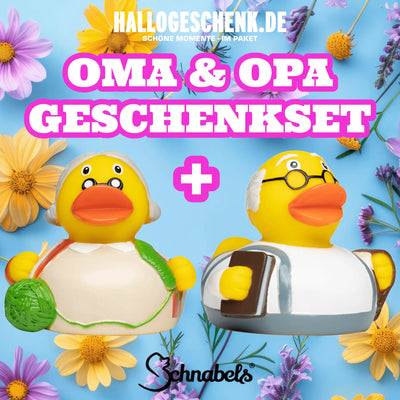 Bundle oma und opa badeenten gummienten gelb mit grüner wolle und buch als niedliches geschenkset