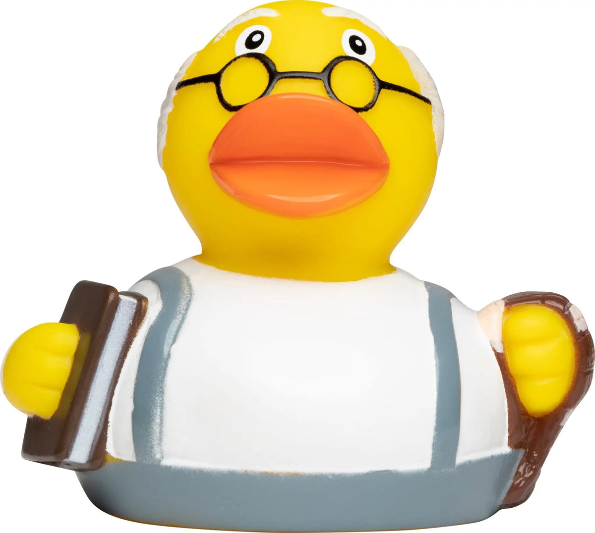 Gelbe gummiente mit weißem haar und brille im bundle oma opa badeente set mit buch und grauen hosenträgern