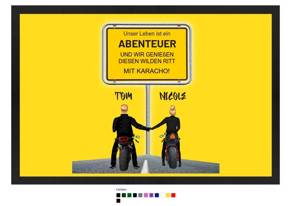 Ortsschild-Designer mit Motorrad-Couple • Fußmatte mit Gummirand 60x40 cm in 12 Farben