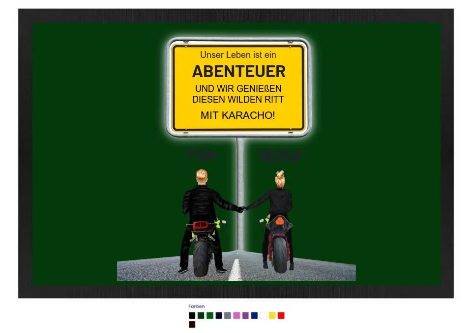 Ortsschild-Designer mit Motorrad-Couple • Fußmatte mit Gummirand 60x40 cm in 12 Farben