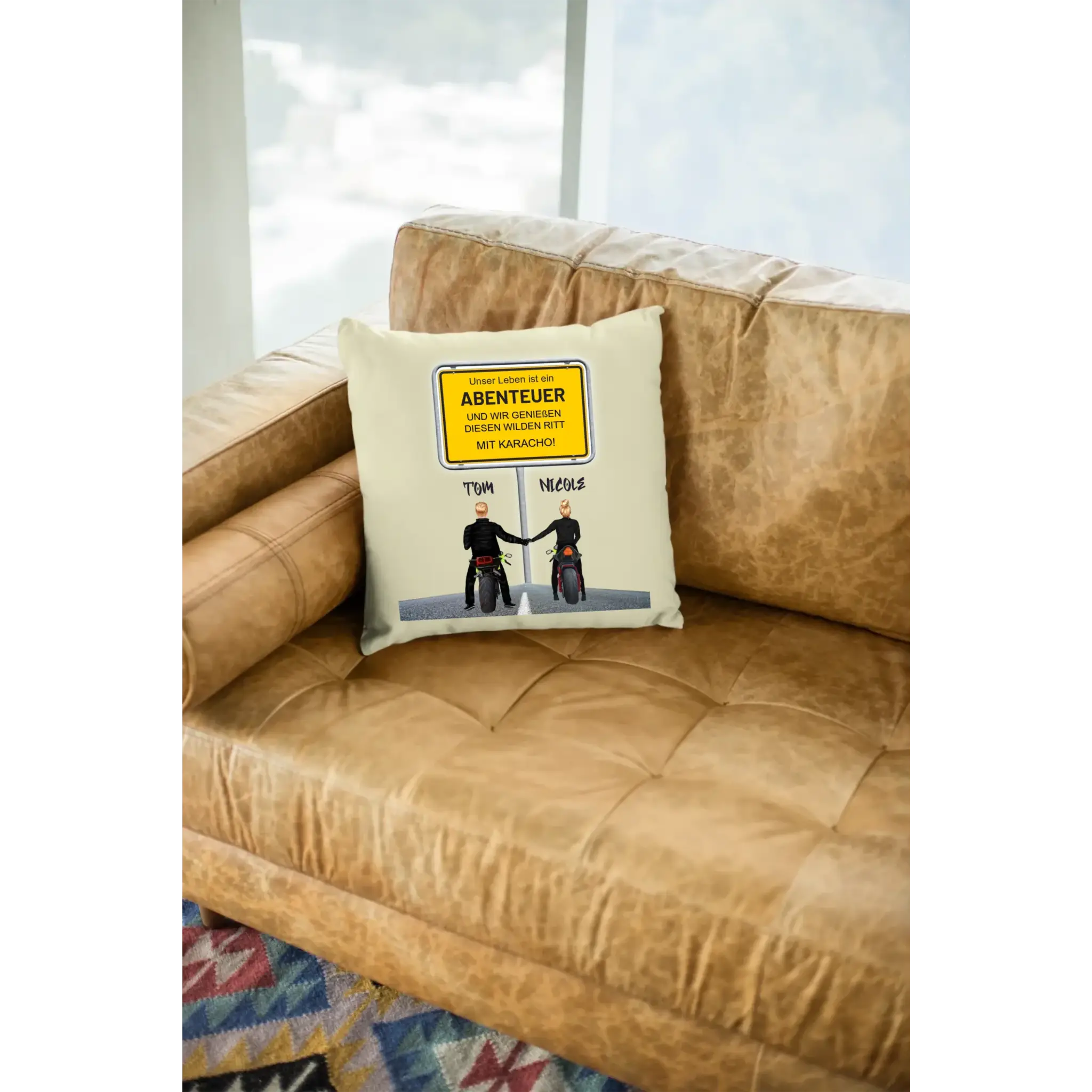 Ortsschild-Designer mit Motorrad-Couple • Kissen 40x40 cm