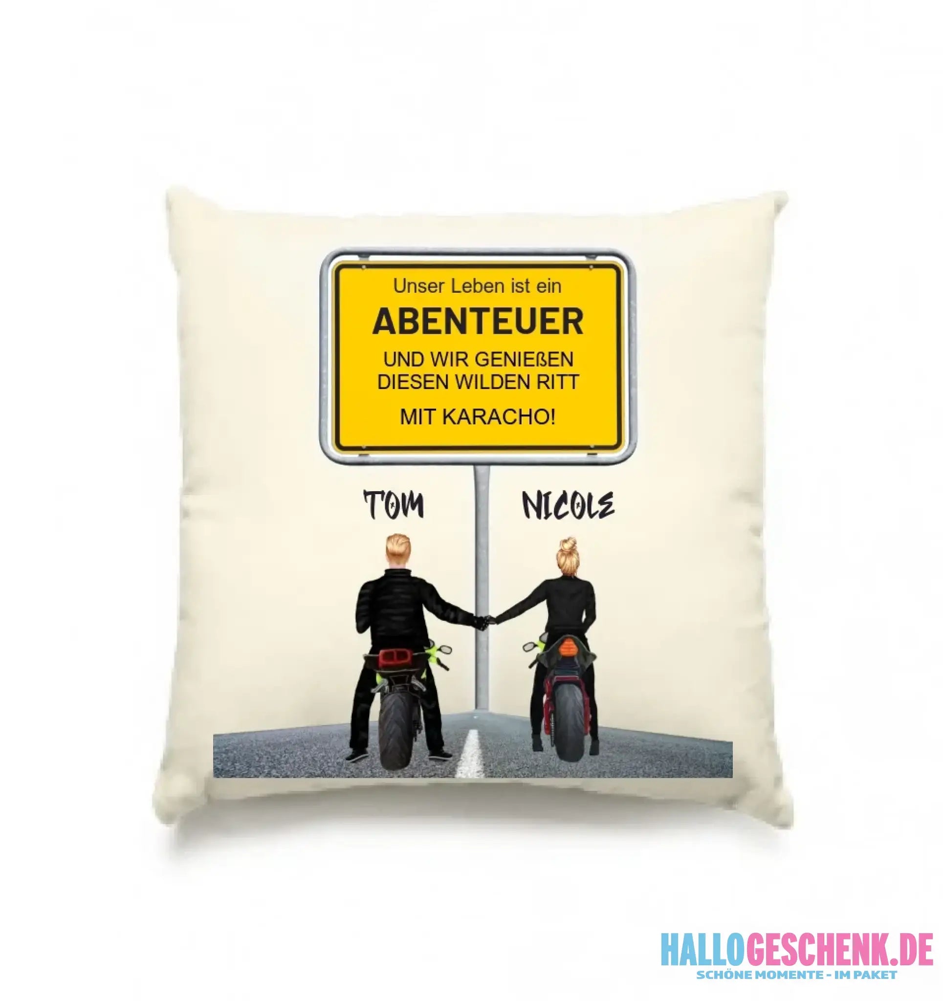 Ortsschild-Designer mit Motorrad-Couple • Kissen 40x40 cm