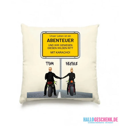 Ortsschild-Designer mit Motorrad-Couple • Kissen 40x40 cm