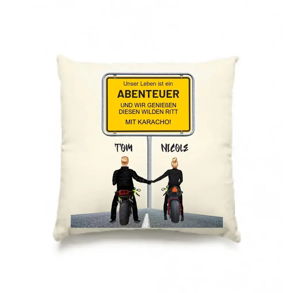 Ortsschild-Designer mit Motorrad-Couple • Kissen 40x40 cm