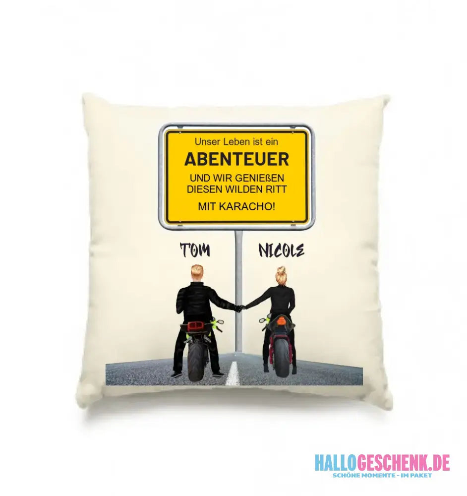 Ortsschild-Designer mit Motorrad-Couple • Kissen 40x40 cm