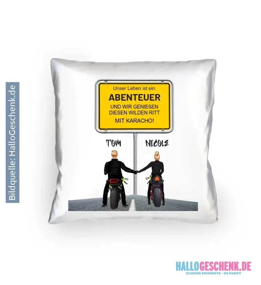Ortsschild-Designer mit Motorrad-Couple • Kissen 40x40 cm