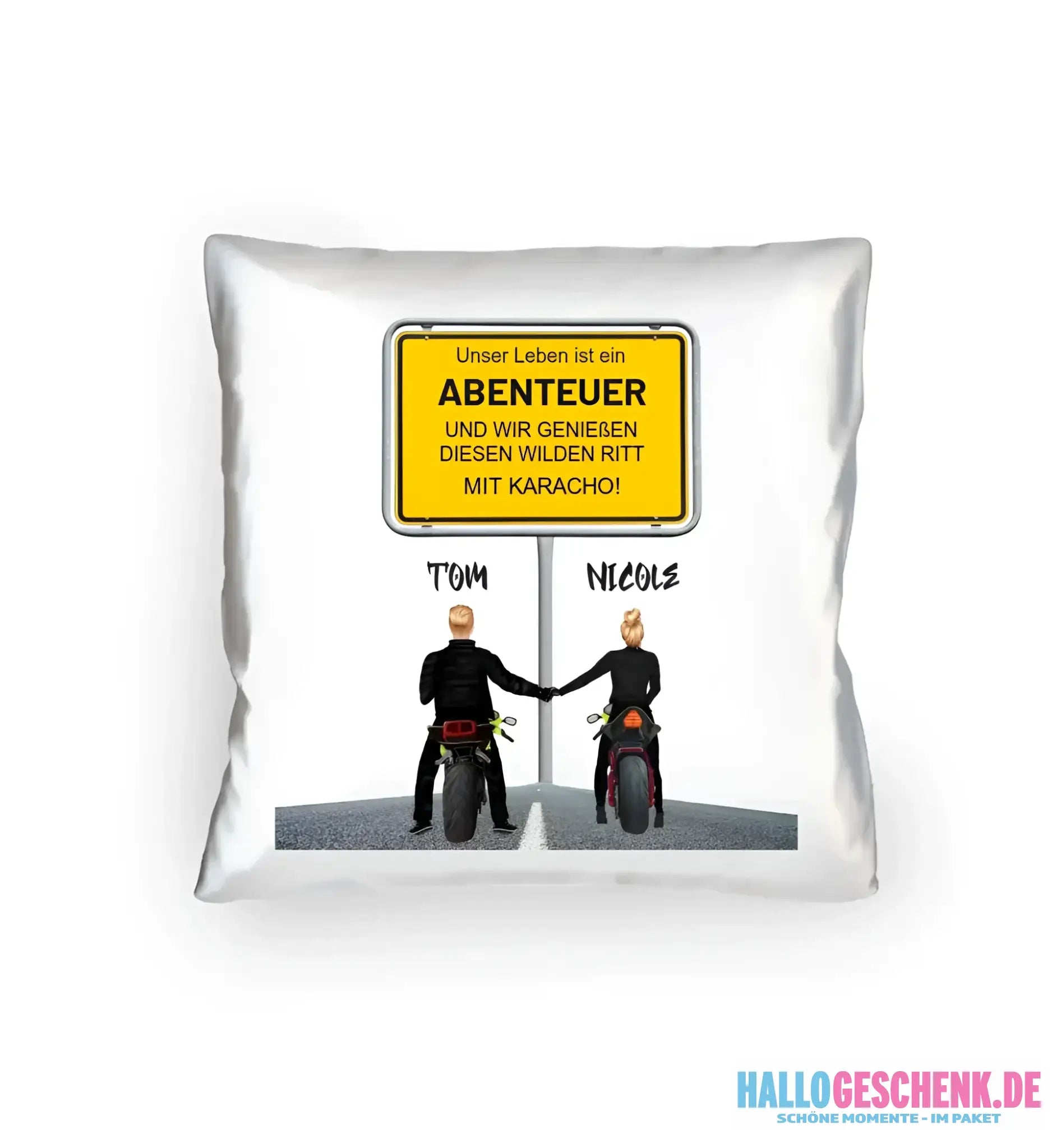 Ortsschild-Designer mit Motorrad-Couple • Kissen 40x40 cm