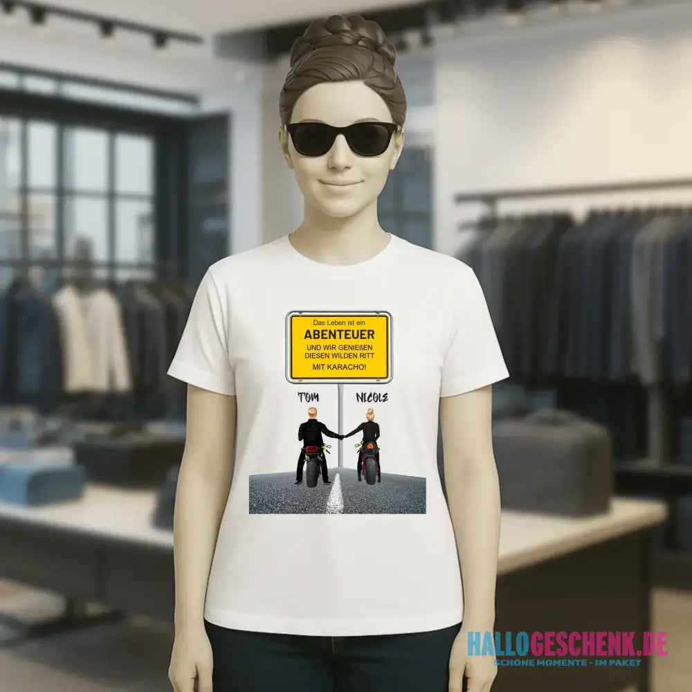 Ortsschild-Designer mit Motorrad-Couple • Ladies Premium T-Shirt XS-2XL aus Bio-Baumwolle für Damen