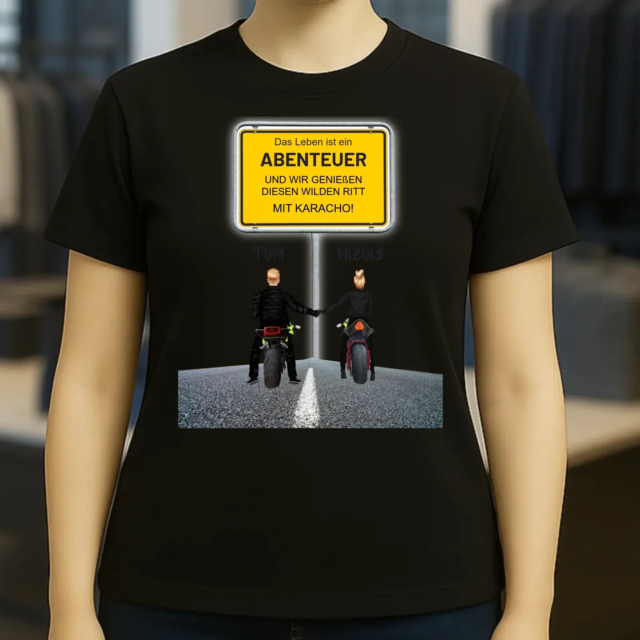 Ortsschild-Designer mit Motorrad-Couple • Ladies Premium T-Shirt XS-2XL aus Bio-Baumwolle für Damen