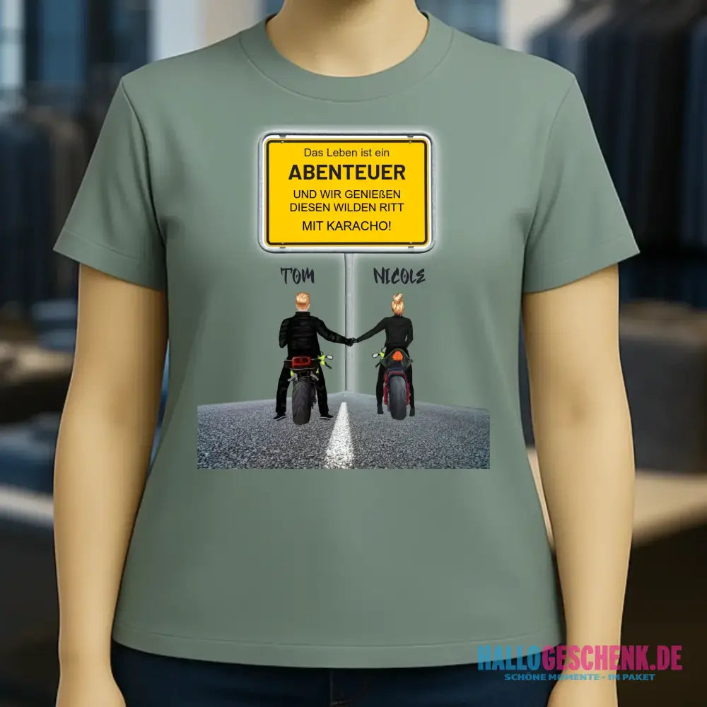 Ortsschild-Designer mit Motorrad-Couple • Ladies Premium T-Shirt XS-2XL aus Bio-Baumwolle für Damen