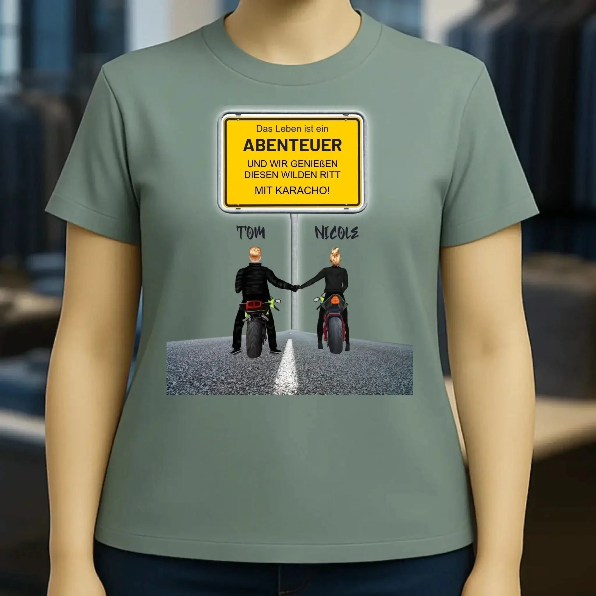 Ortsschild-Designer mit Motorrad-Couple • Ladies Premium T-Shirt XS-2XL aus Bio-Baumwolle für Damen
