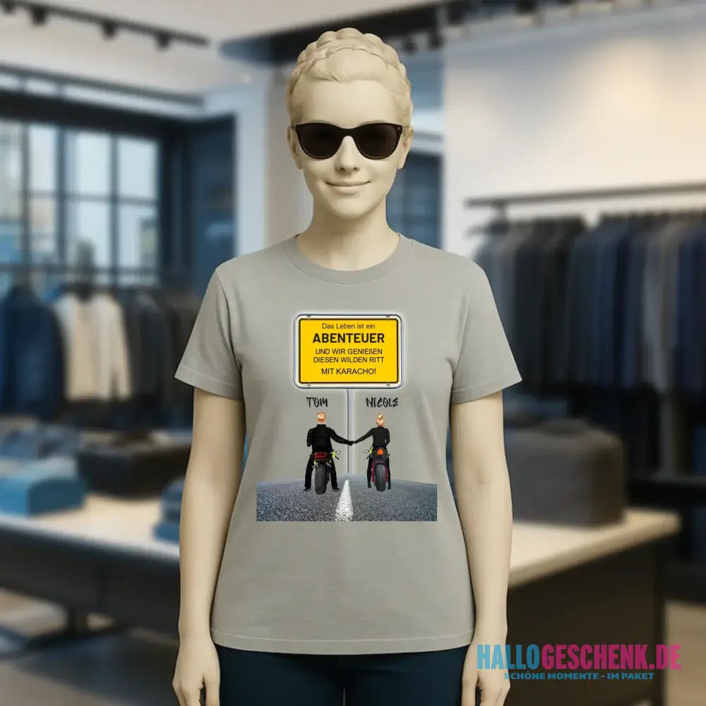 Ortsschild-Designer mit Motorrad-Couple • Ladies Premium T-Shirt XS-2XL aus Bio-Baumwolle für Damen