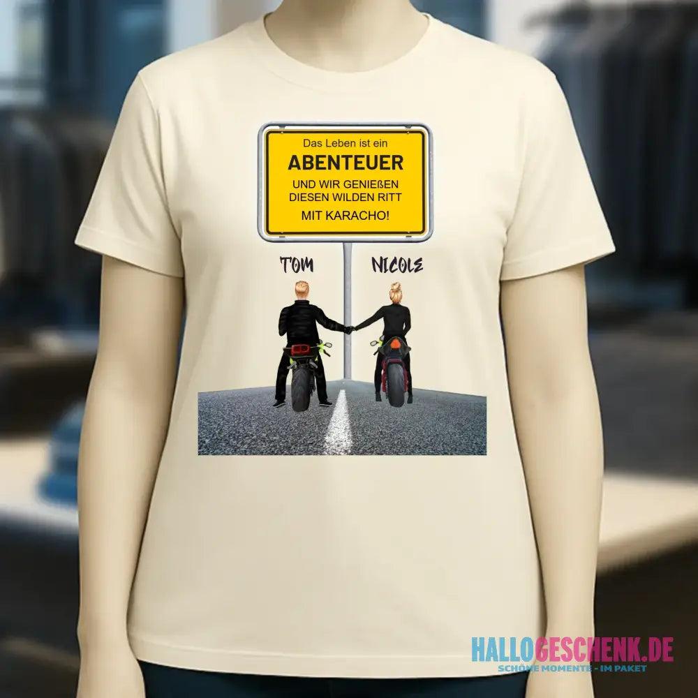 Ortsschild-Designer mit Motorrad-Couple • Ladies Premium T-Shirt XS-2XL aus Bio-Baumwolle für Damen