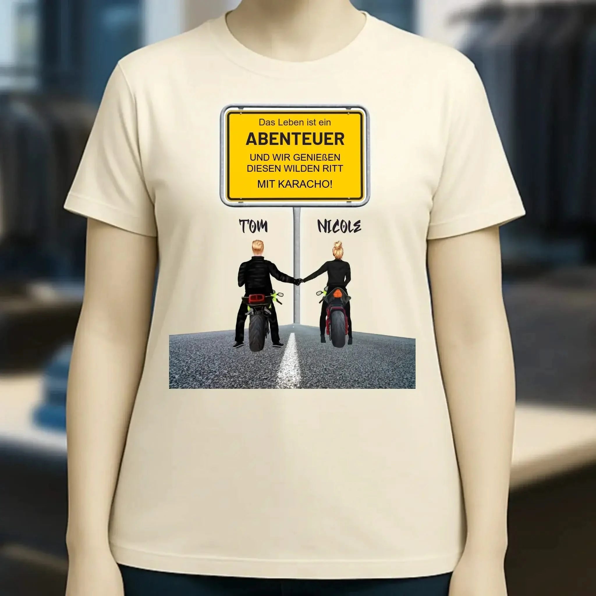 Ortsschild-Designer mit Motorrad-Couple • Ladies Premium T-Shirt XS-2XL aus Bio-Baumwolle für Damen