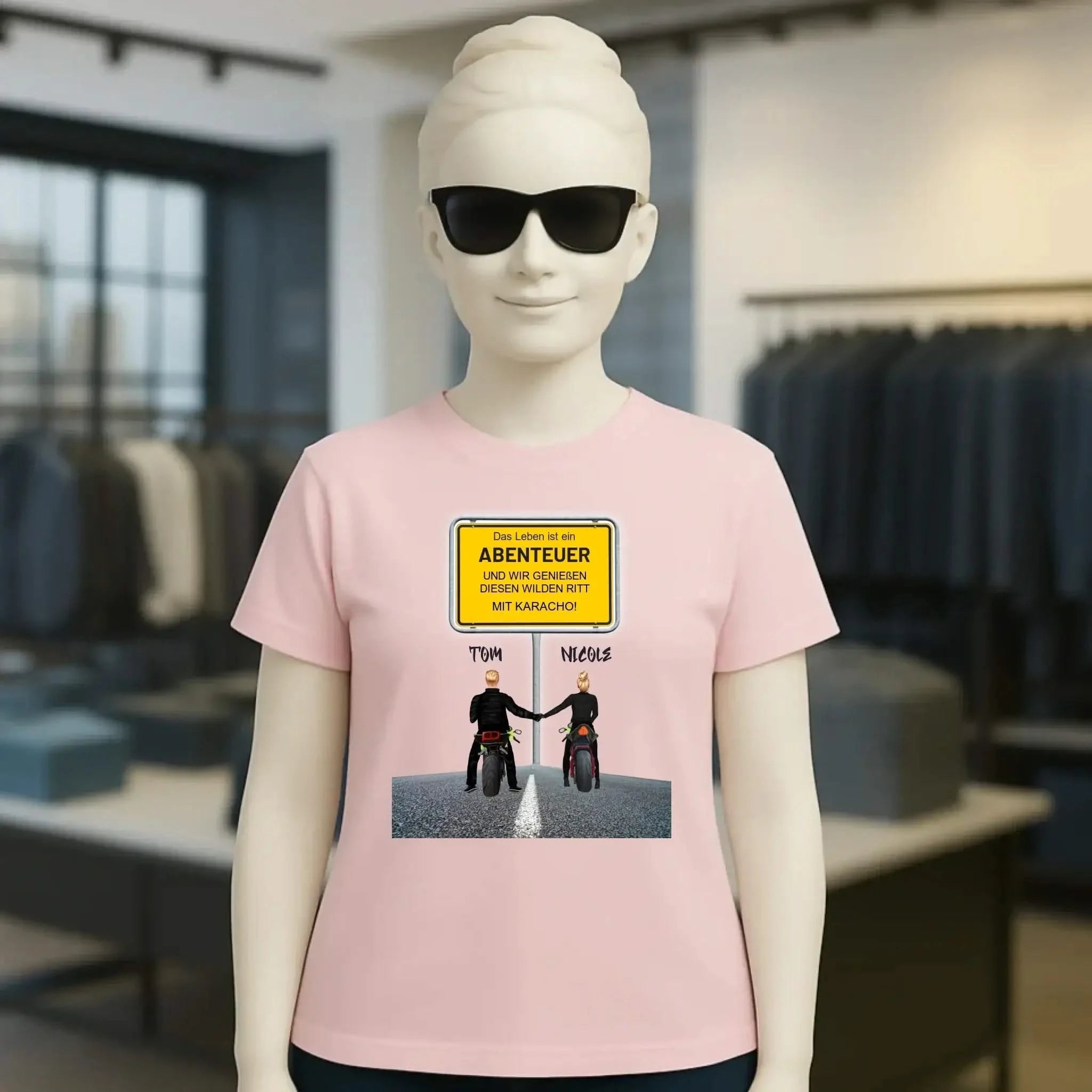 Ortsschild-Designer mit Motorrad-Couple • Ladies Premium T-Shirt XS-2XL aus Bio-Baumwolle für Damen