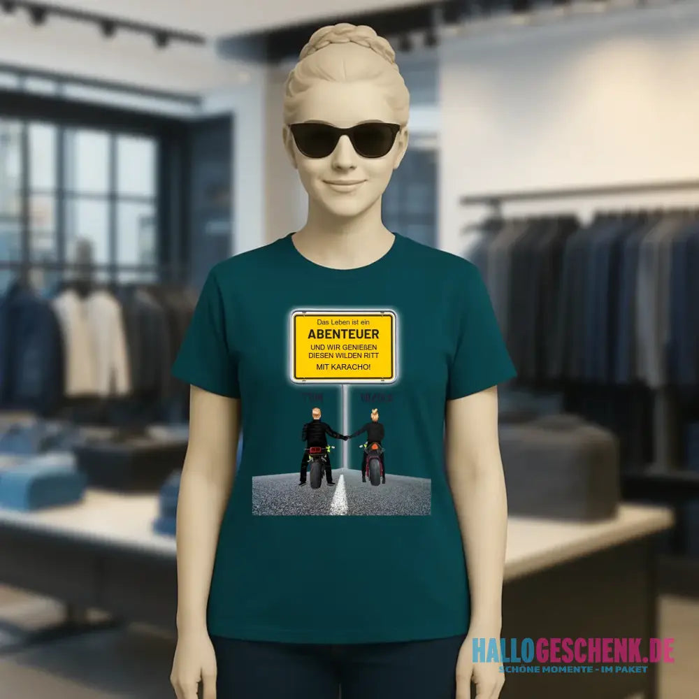 Ortsschild-Designer mit Motorrad-Couple • Ladies Premium T-Shirt XS-2XL aus Bio-Baumwolle für Damen