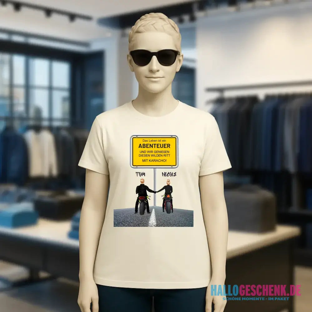 Ortsschild-Designer mit Motorrad-Couple • Ladies Premium T-Shirt XS-2XL aus Bio-Baumwolle für Damen