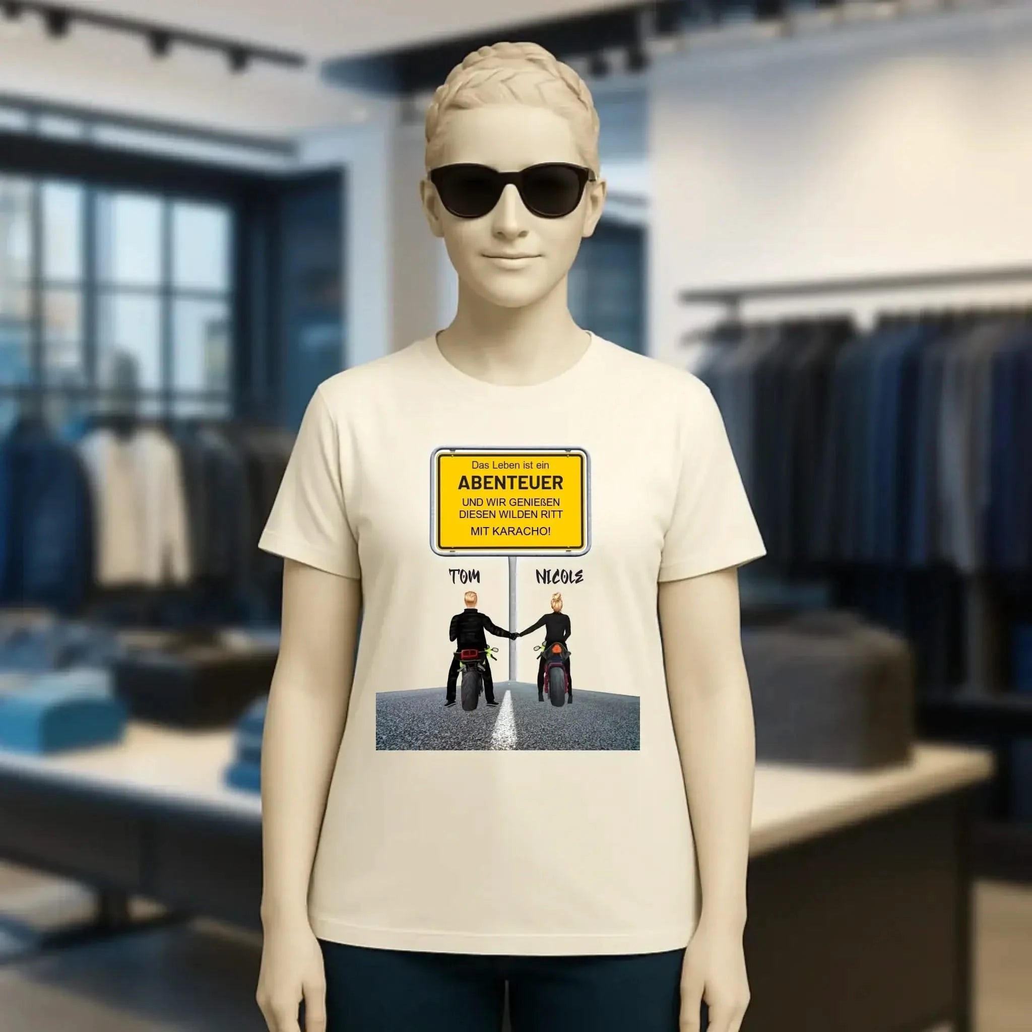 Ortsschild-Designer mit Motorrad-Couple • Ladies Premium T-Shirt XS-2XL aus Bio-Baumwolle für Damen