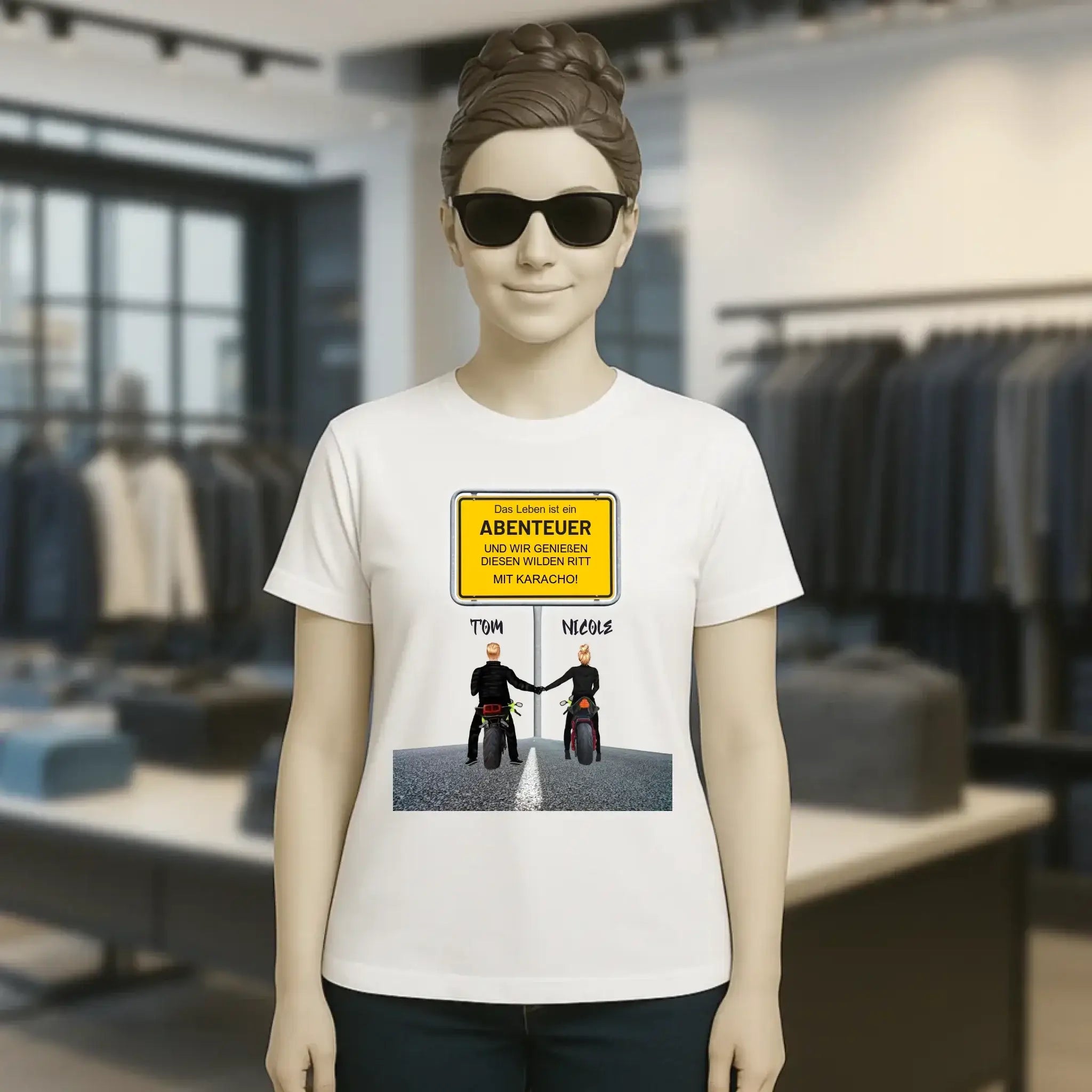 Ortsschild-Designer mit Motorrad-Couple • Ladies Premium T-Shirt XS-2XL aus Bio-Baumwolle für Damen
