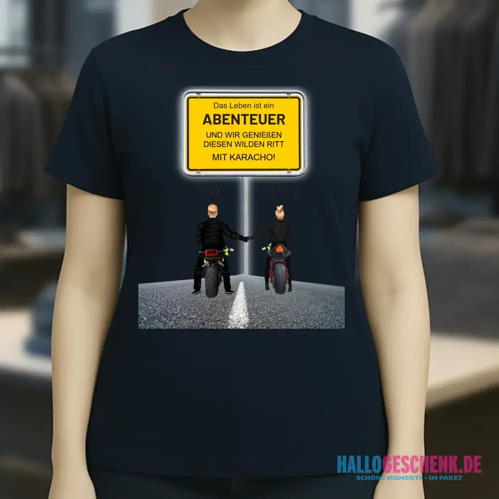 Ortsschild-Designer mit Motorrad-Couple • Ladies Premium T-Shirt XS-2XL aus Bio-Baumwolle für Damen