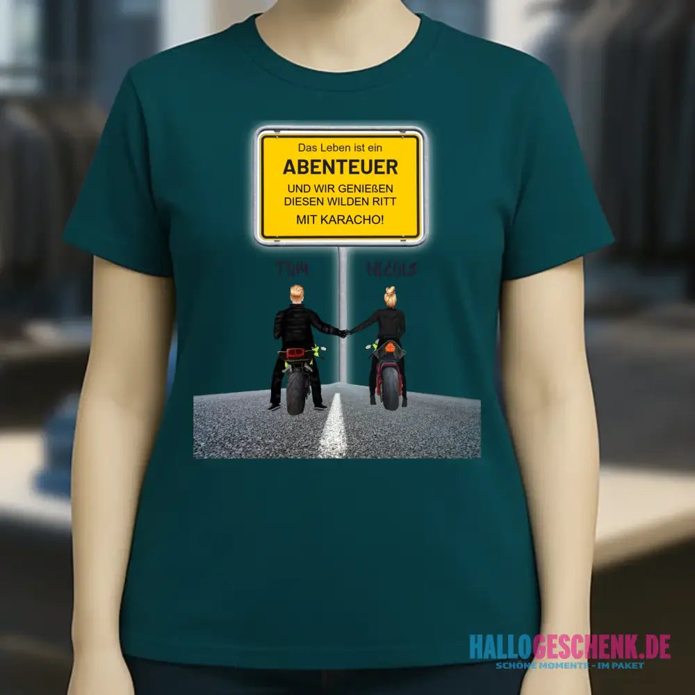 Ortsschild-Designer mit Motorrad-Couple • Ladies Premium T-Shirt XS-2XL aus Bio-Baumwolle für Damen