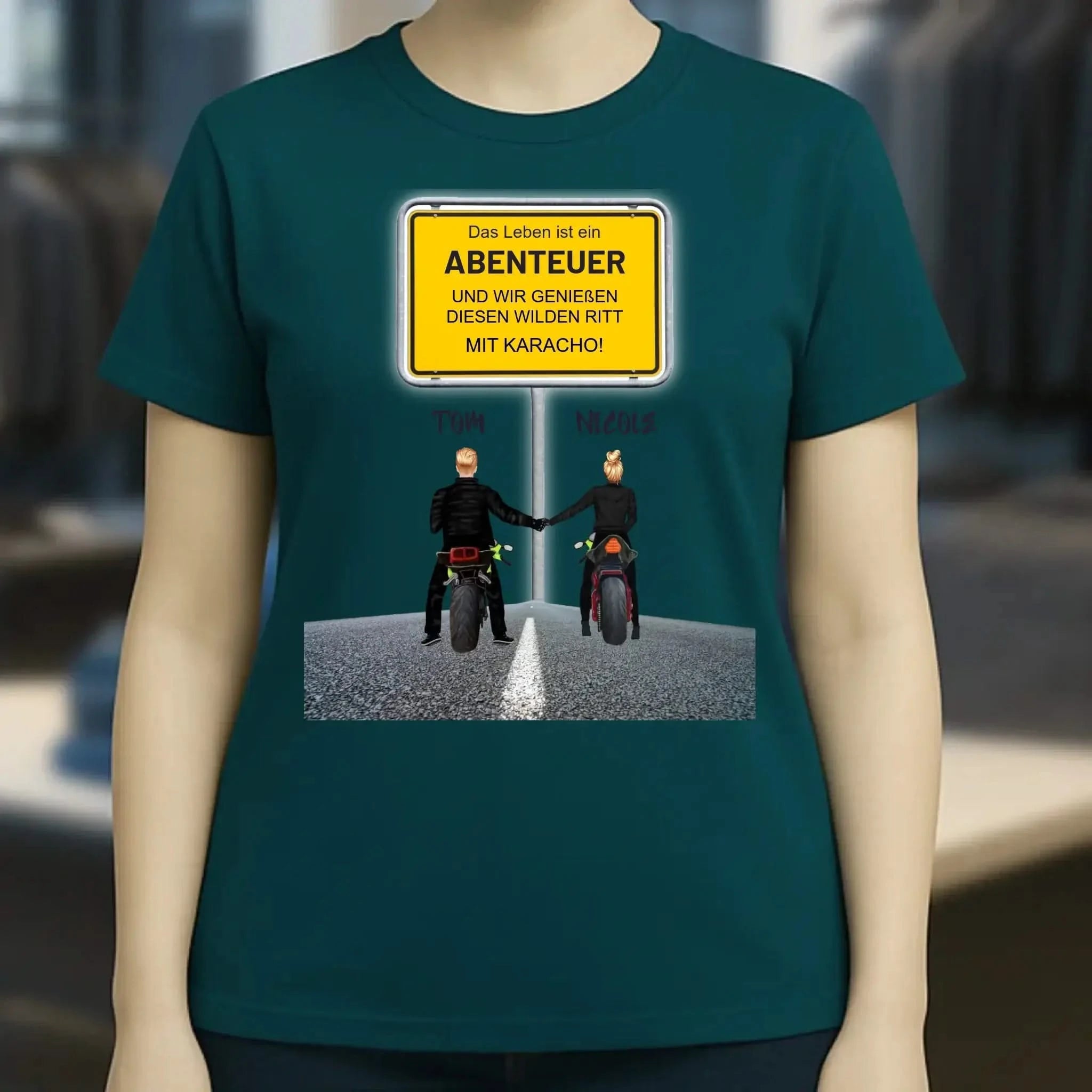 Ortsschild-Designer mit Motorrad-Couple • Ladies Premium T-Shirt XS-2XL aus Bio-Baumwolle für Damen