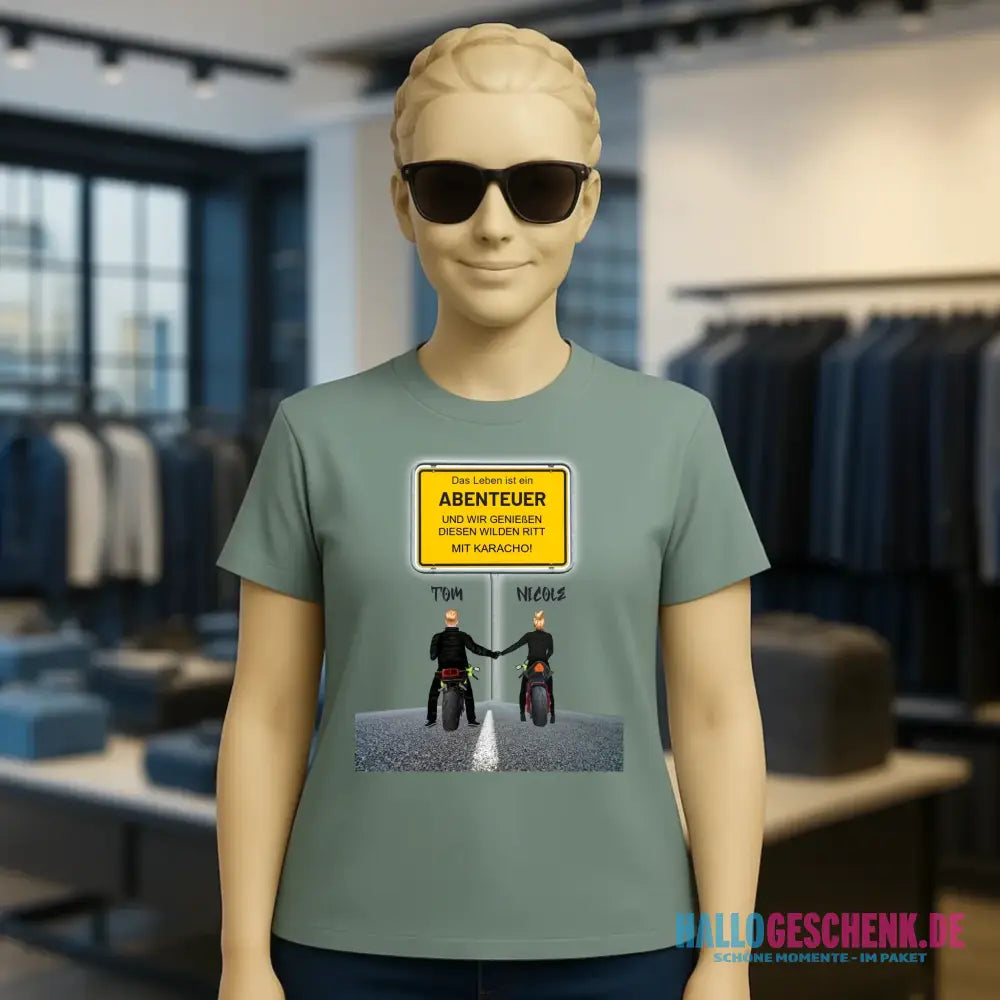 Ortsschild-Designer mit Motorrad-Couple • Ladies Premium T-Shirt XS-2XL aus Bio-Baumwolle für Damen