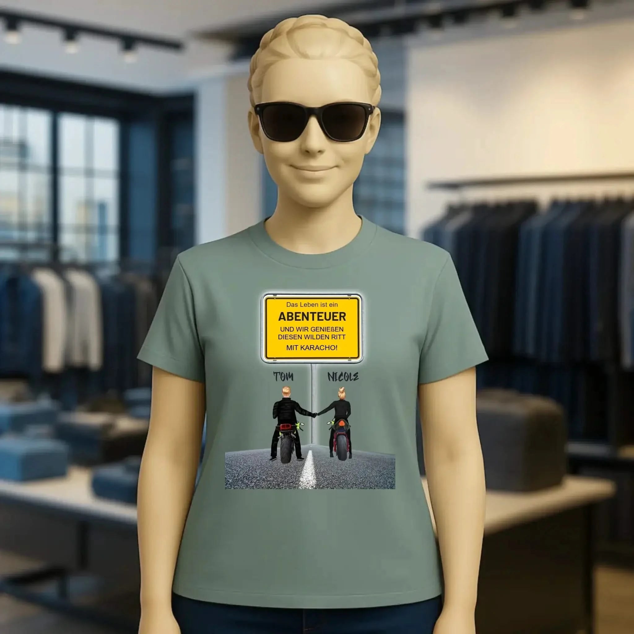 Ortsschild-Designer mit Motorrad-Couple • Ladies Premium T-Shirt XS-2XL aus Bio-Baumwolle für Damen