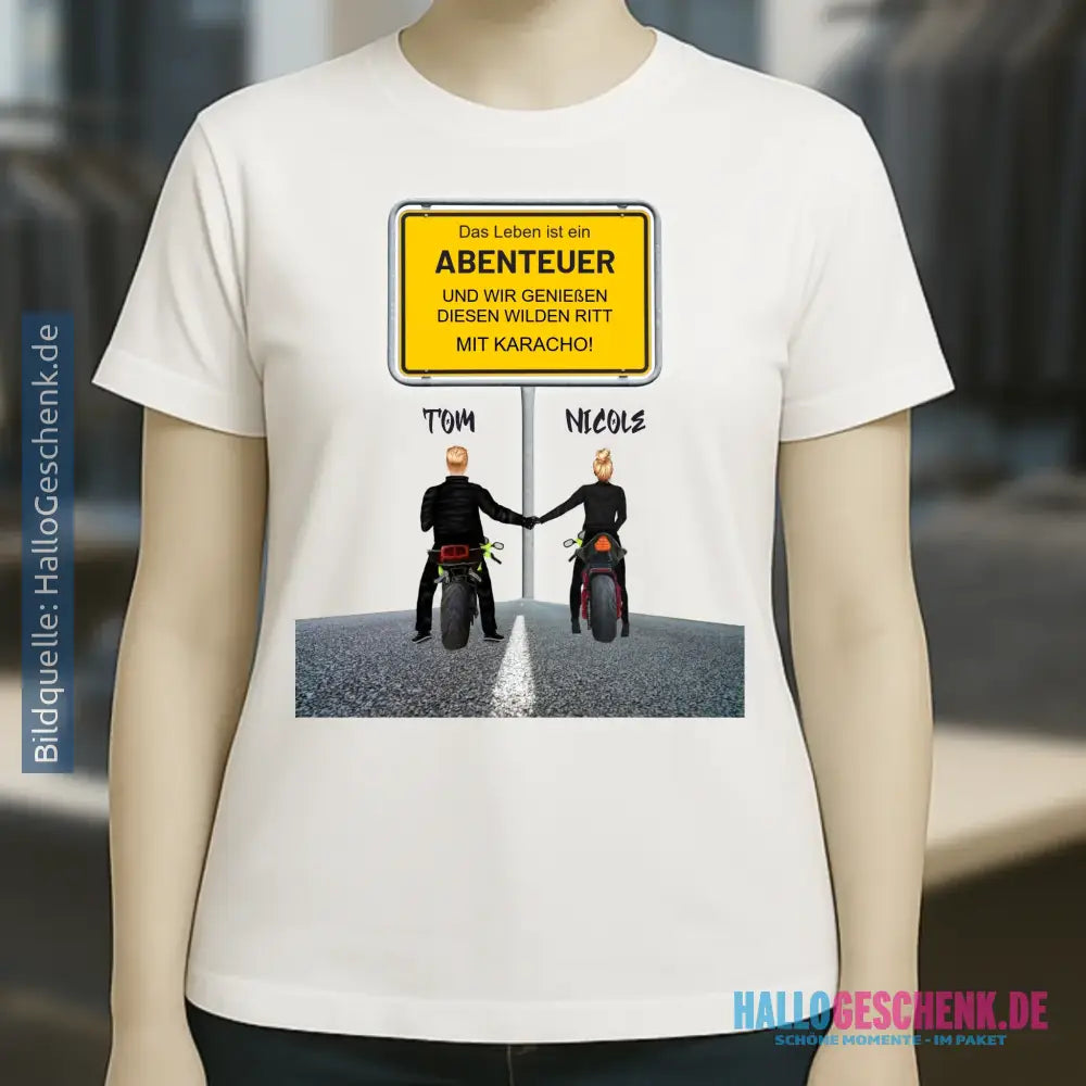 Ortsschild-Designer mit Motorrad-Couple • Ladies Premium T-Shirt XS-2XL aus Bio-Baumwolle für Damen