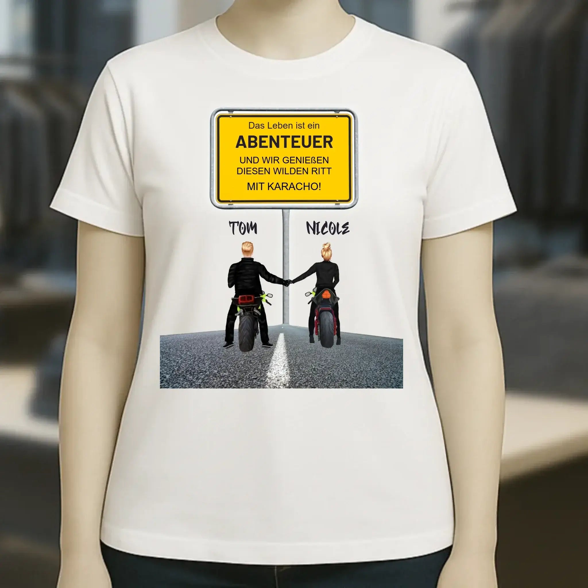 Ortsschild-Designer mit Motorrad-Couple • Ladies Premium T-Shirt XS-2XL aus Bio-Baumwolle für Damen