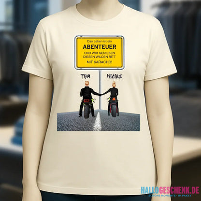 Ortsschild-Designer mit Motorrad-Couple • Ladies Premium T-Shirt XS-2XL aus Bio-Baumwolle für Damen