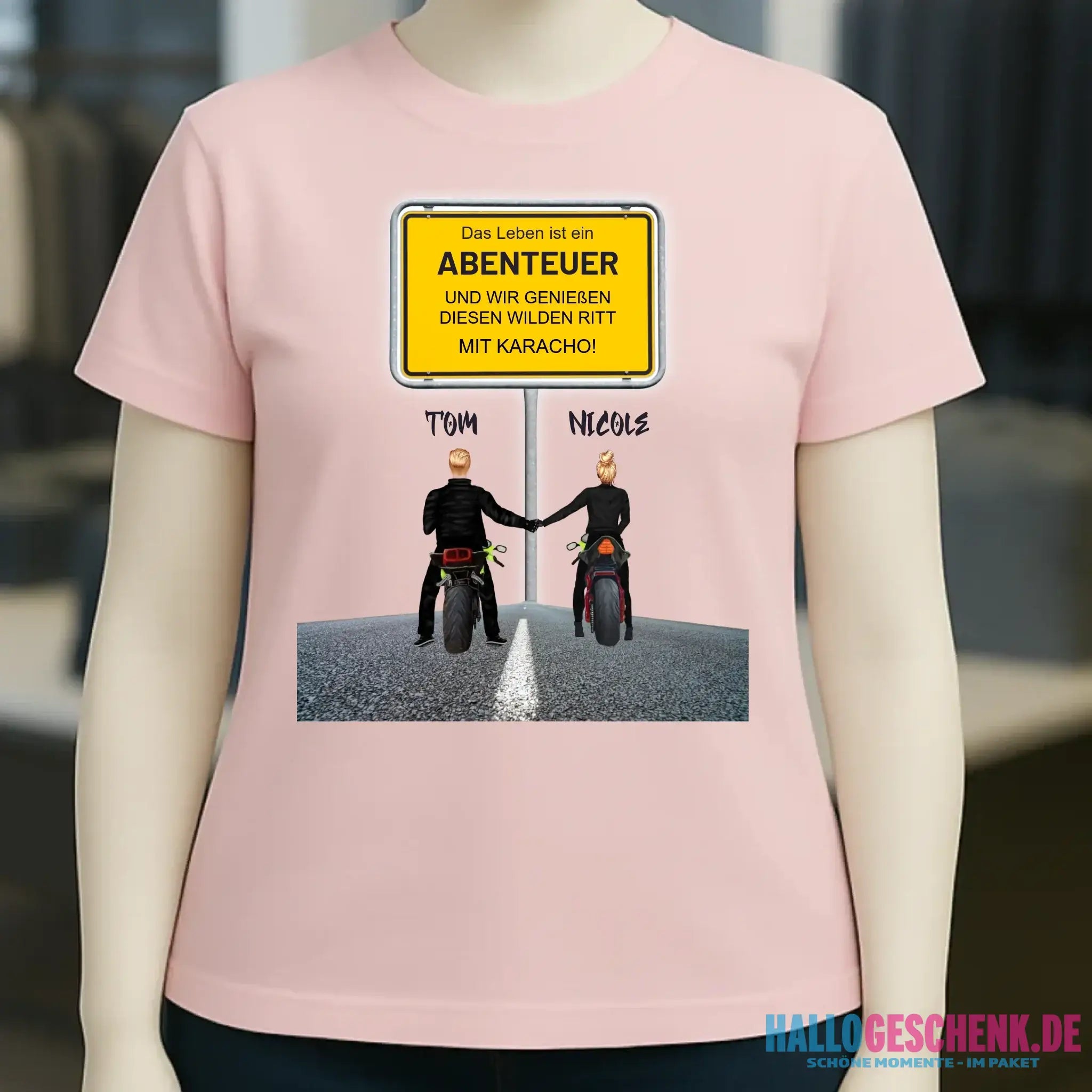 Ortsschild-Designer mit Motorrad-Couple • Ladies Premium T-Shirt XS-2XL aus Bio-Baumwolle für Damen
